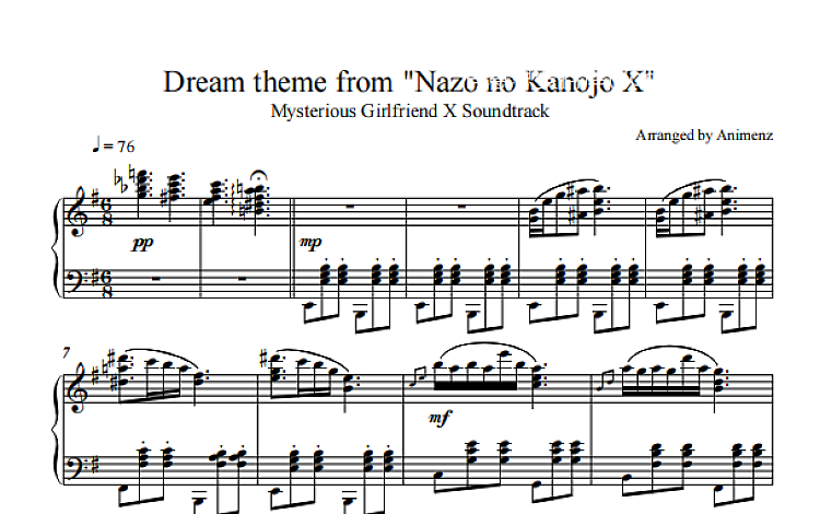 Dream theme from Nazo no Kanojo X 五线谱 共2页 PDF超高清电子版