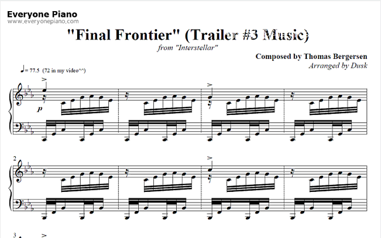 Final Frontier 星际穿越插曲 Thomas Bergersen 五线谱 包含PDF和图片格式 超高清电子版