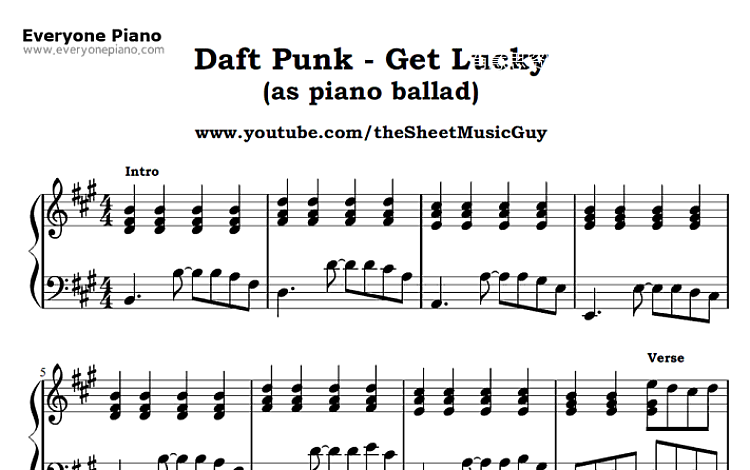 Get Lucky Daft Punk 五线谱 包含PDF和图片格式 超高清电子版