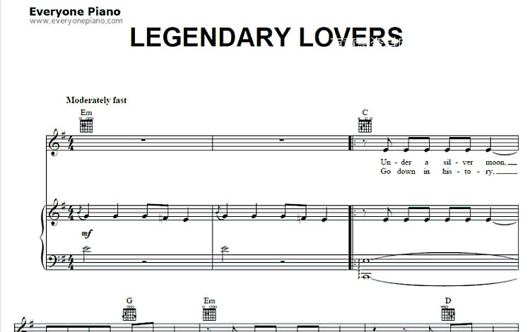 Legendary Lovers 五线谱 包含PDF和图片格式 超高清电子版