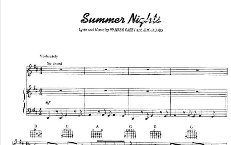Summer Nights 油脂OST 五线谱 包含PDF和图片格式 轻微模糊