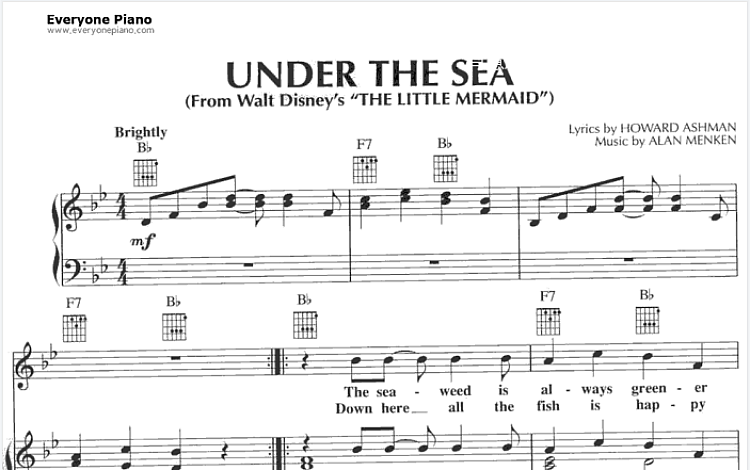 Under the Sea 小美人鱼 主题曲 五线谱 包含PDF和图片格式 超高清电子版
