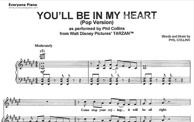You'll Be in My Heart 人猿泰山主题曲 五线谱 包含PDF和图片格式 超高清电子版